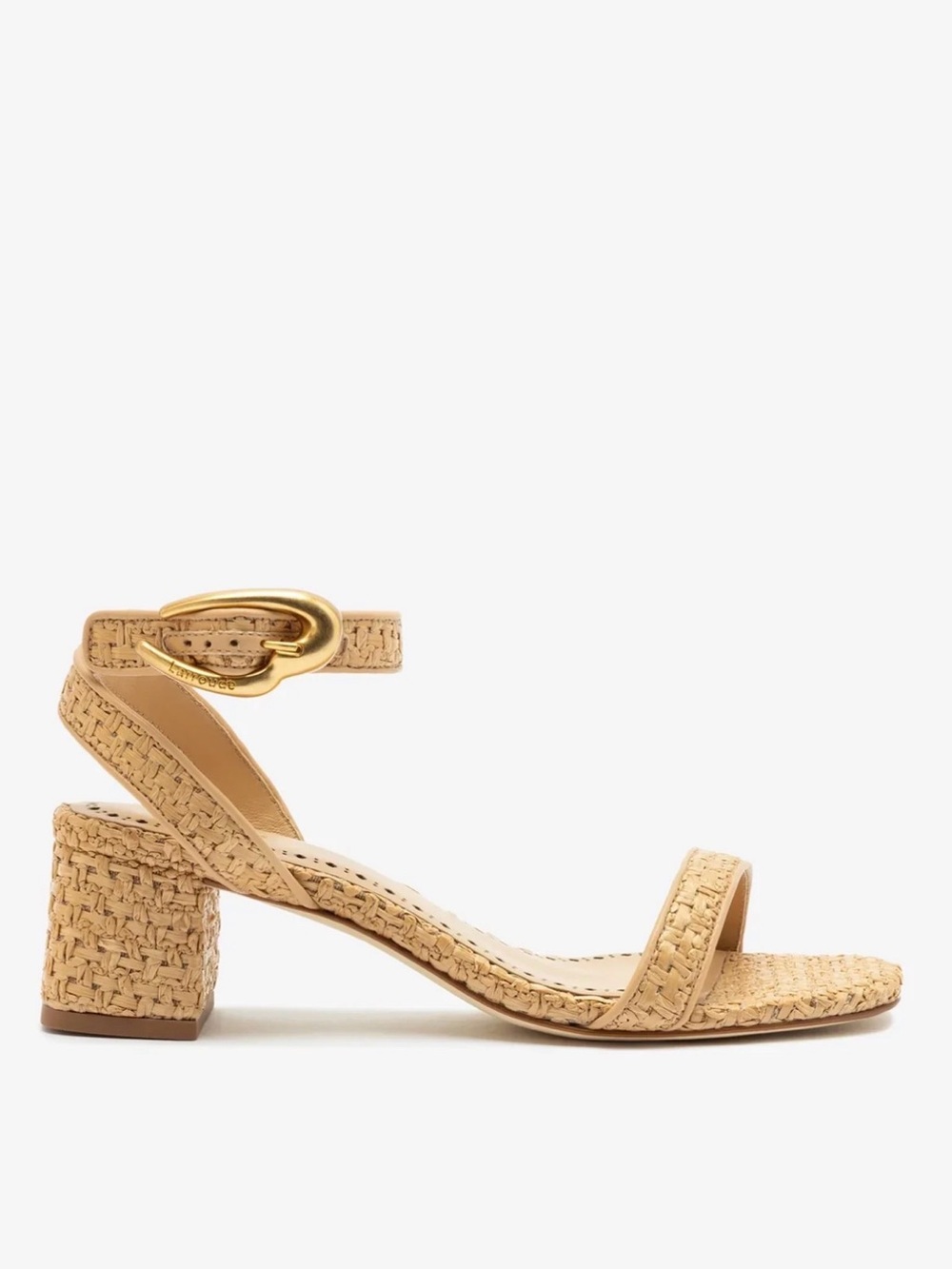 Larroude Verona Block Sandal in Beige Leather and Natural Rafia